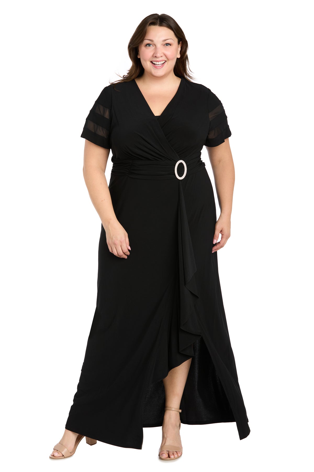 R&M Richards 3409W Plus Size Long Ruffle Slit Formal Dress