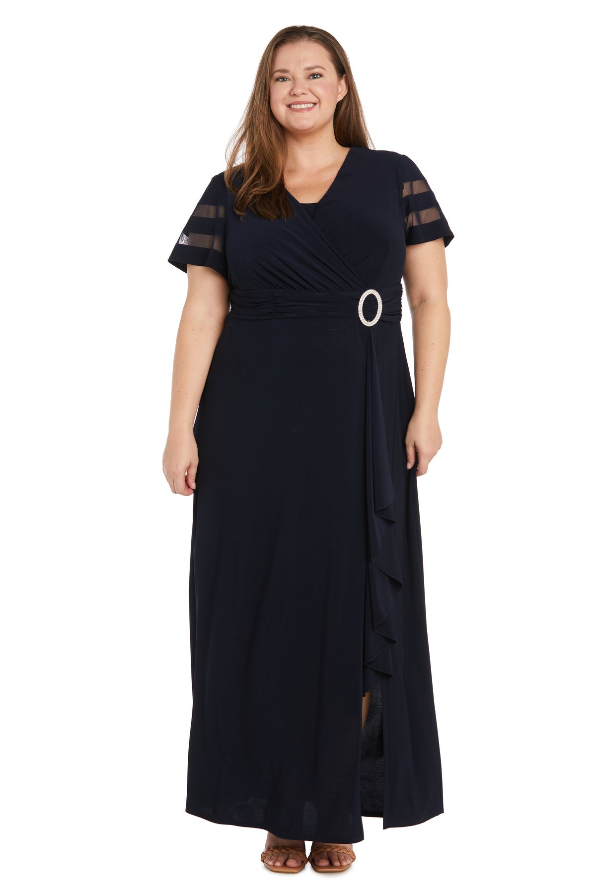 R&M Richards 3409W Plus Size Long Ruffle Slit Formal Dress