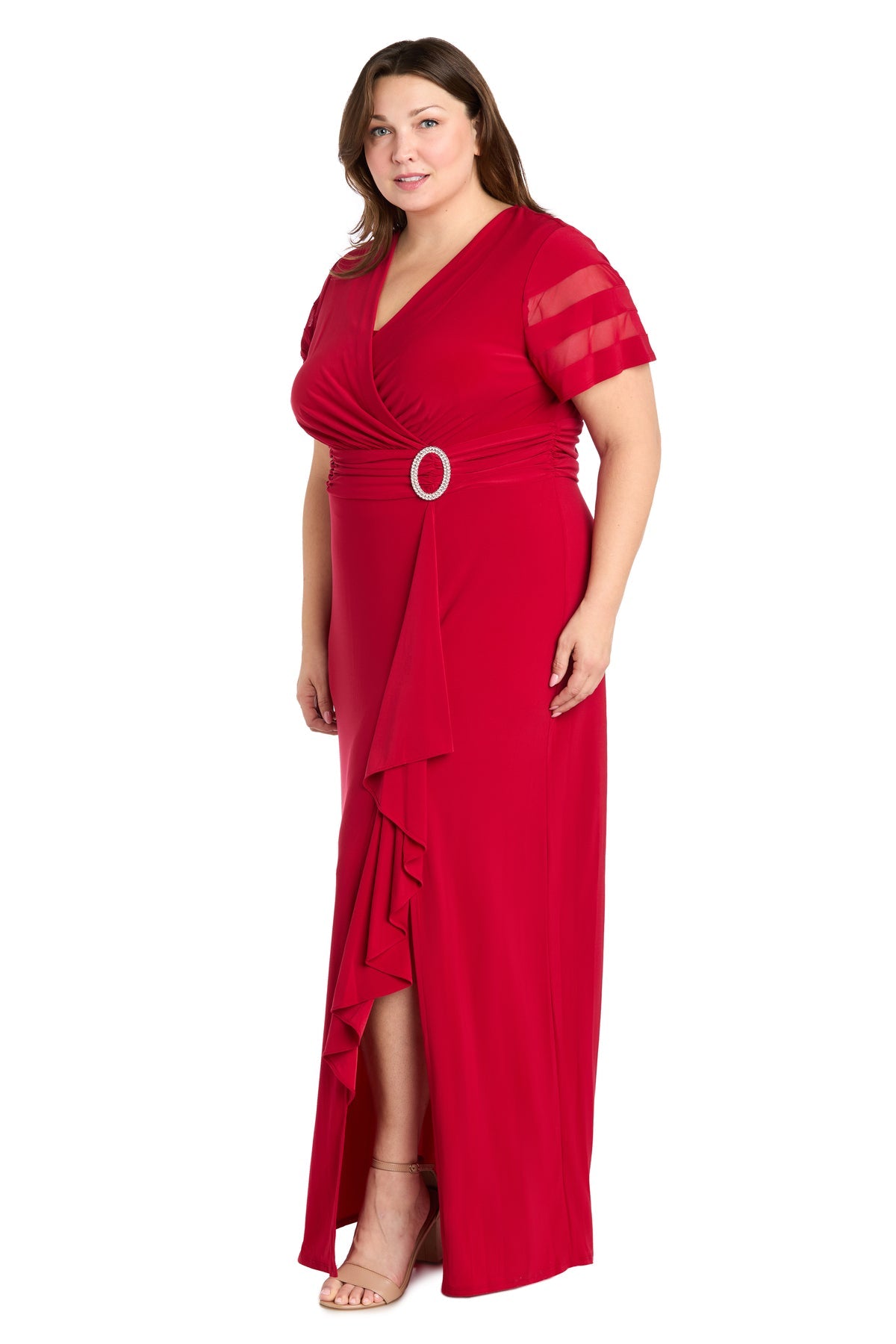R&M Richards 3409W Plus Size Long Ruffle Slit Formal Dress