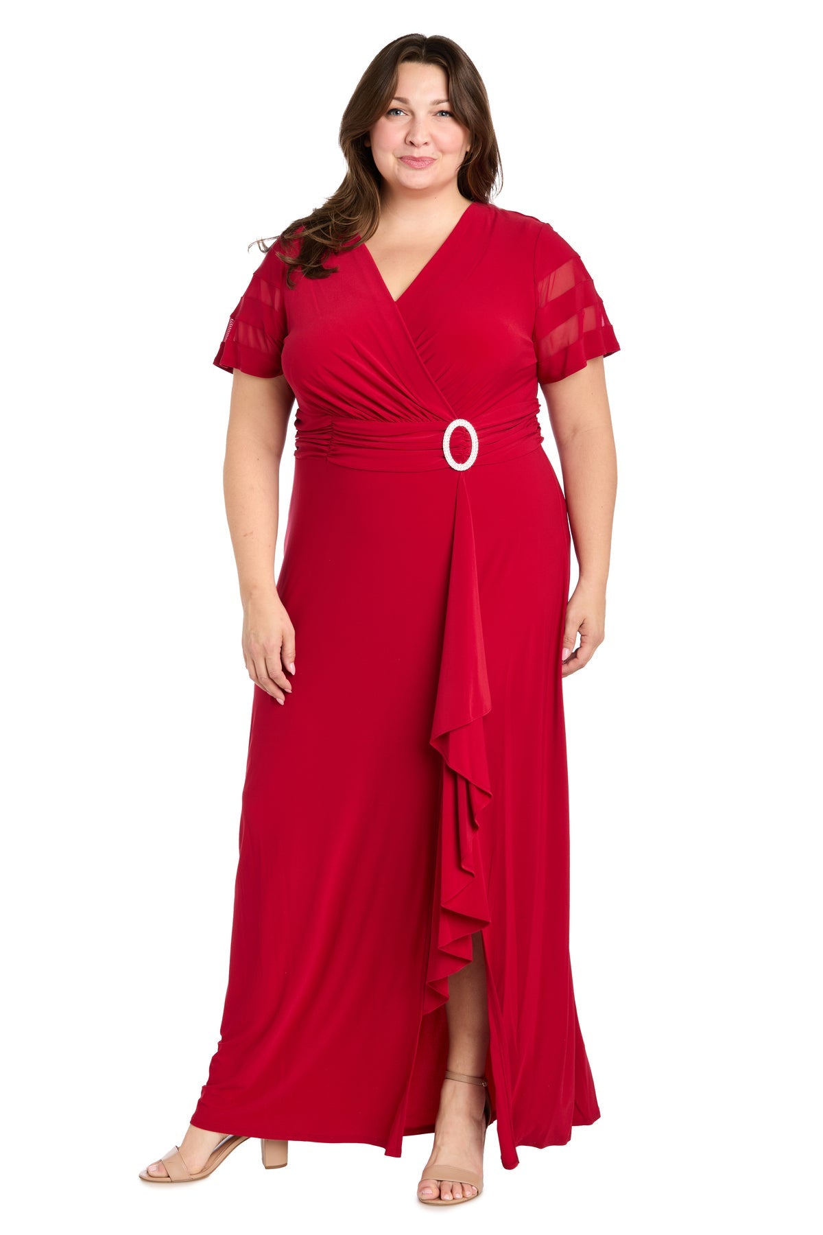 R&M Richards 3409W Plus Size Long Ruffle Slit Formal Dress