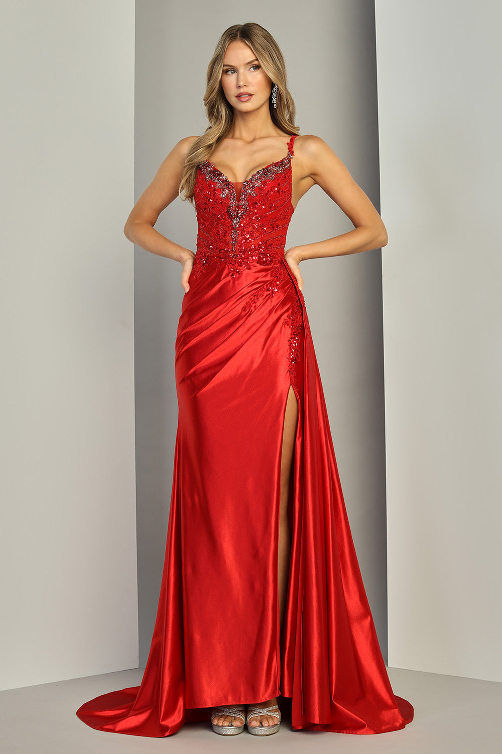 V-Neck Floor-Length Satin Formal Sheath/Column Adora Design 3409