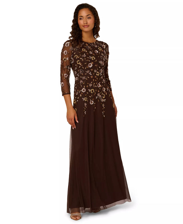 Crew Neck Floor-Length Mesh Formal A-Line Gown 3/4 Sleeves Adrianna Papell AD5E212393W