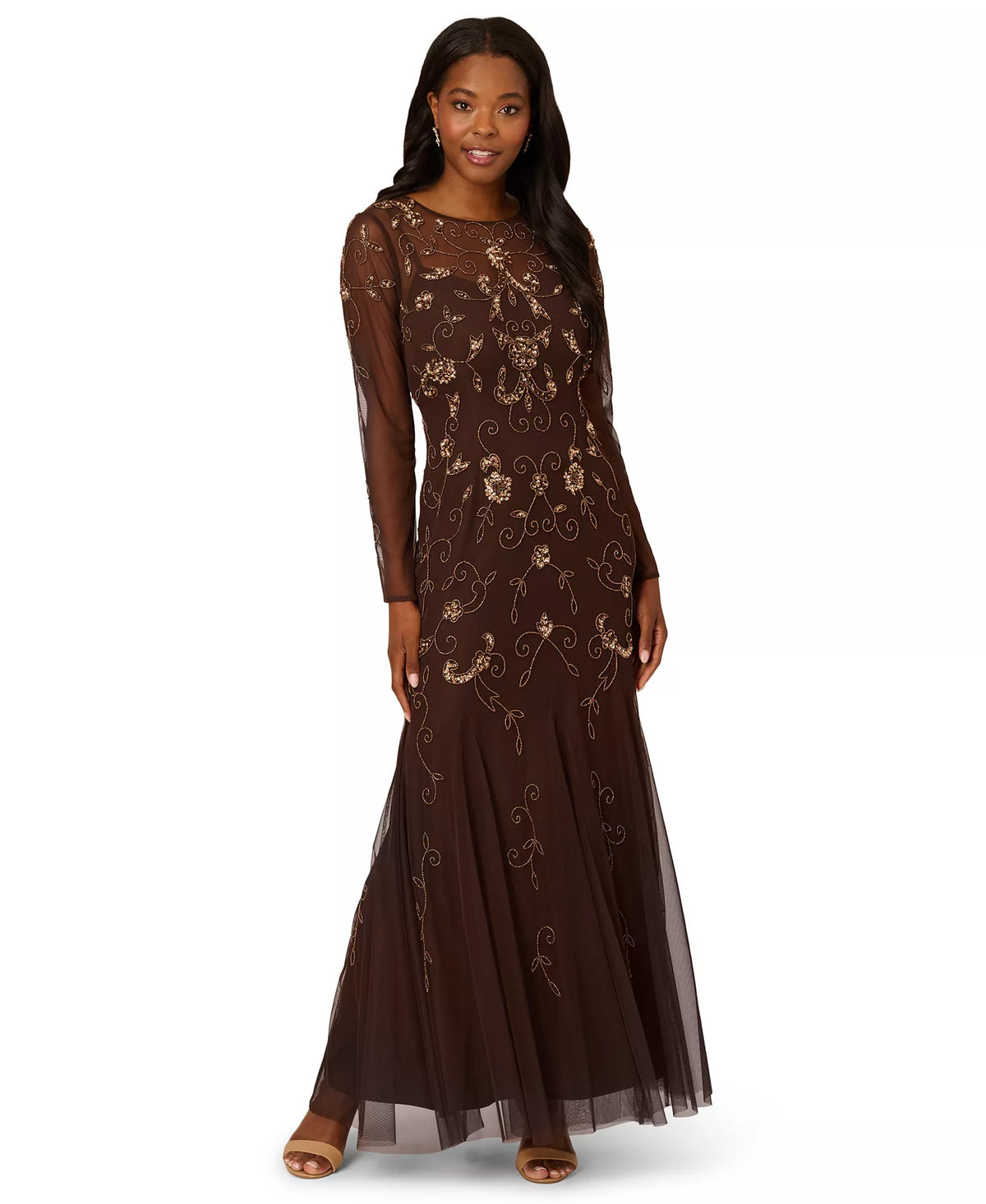 Chocolate Crew-Neck Floor-Length Mesh Formal Dress with Long Sleeves and Gold Embroidery Adrianna Papell AD5E212393