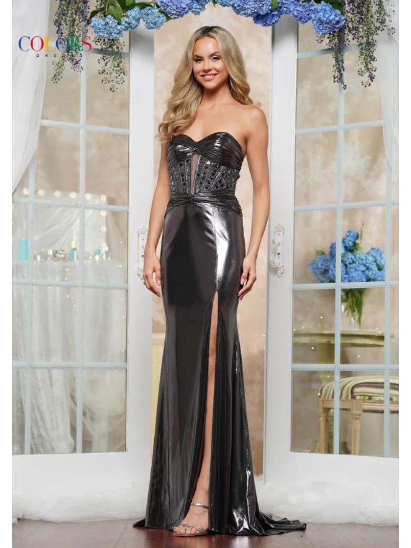 Colors 3414 Long Formal Fitted Metallic Prom Dress