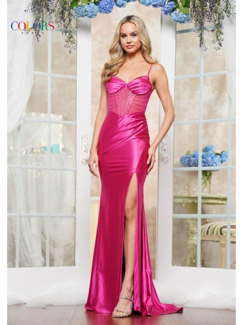 Colors 3419 Formal Long Slit Fitted Metallic Prom Dress