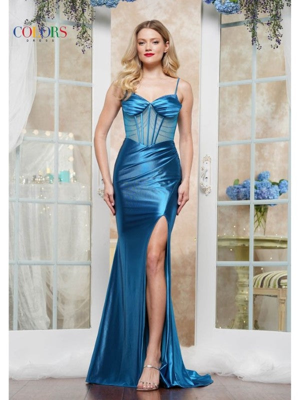 Colors 3419 Formal Long Slit Fitted Metallic Prom Dress