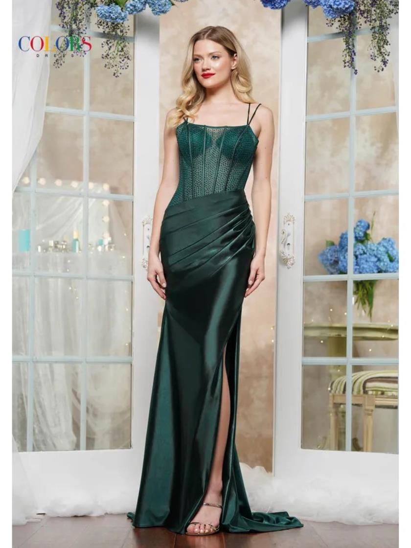 Colors 3421 Long Slit Fitted Metallic Formal Prom Dress