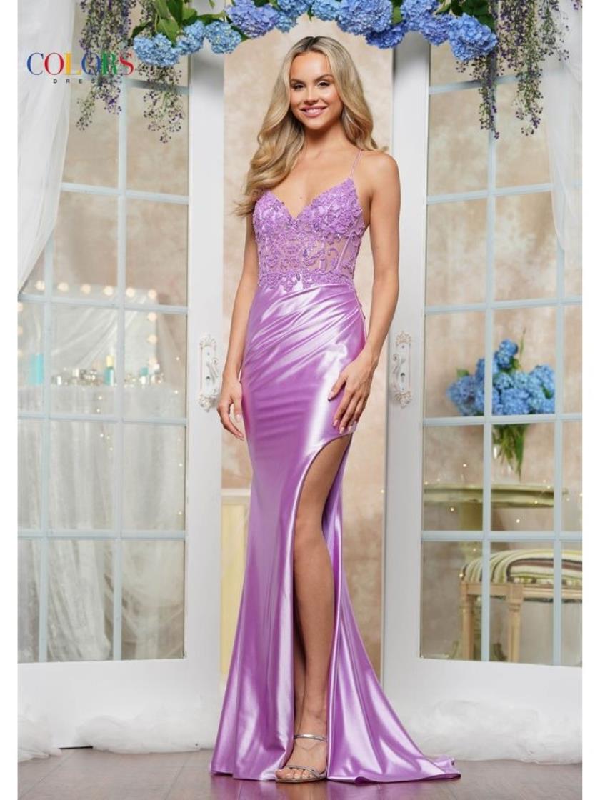 Colors 3422 Fitted Evening Formal Metallic Long Prom Dress