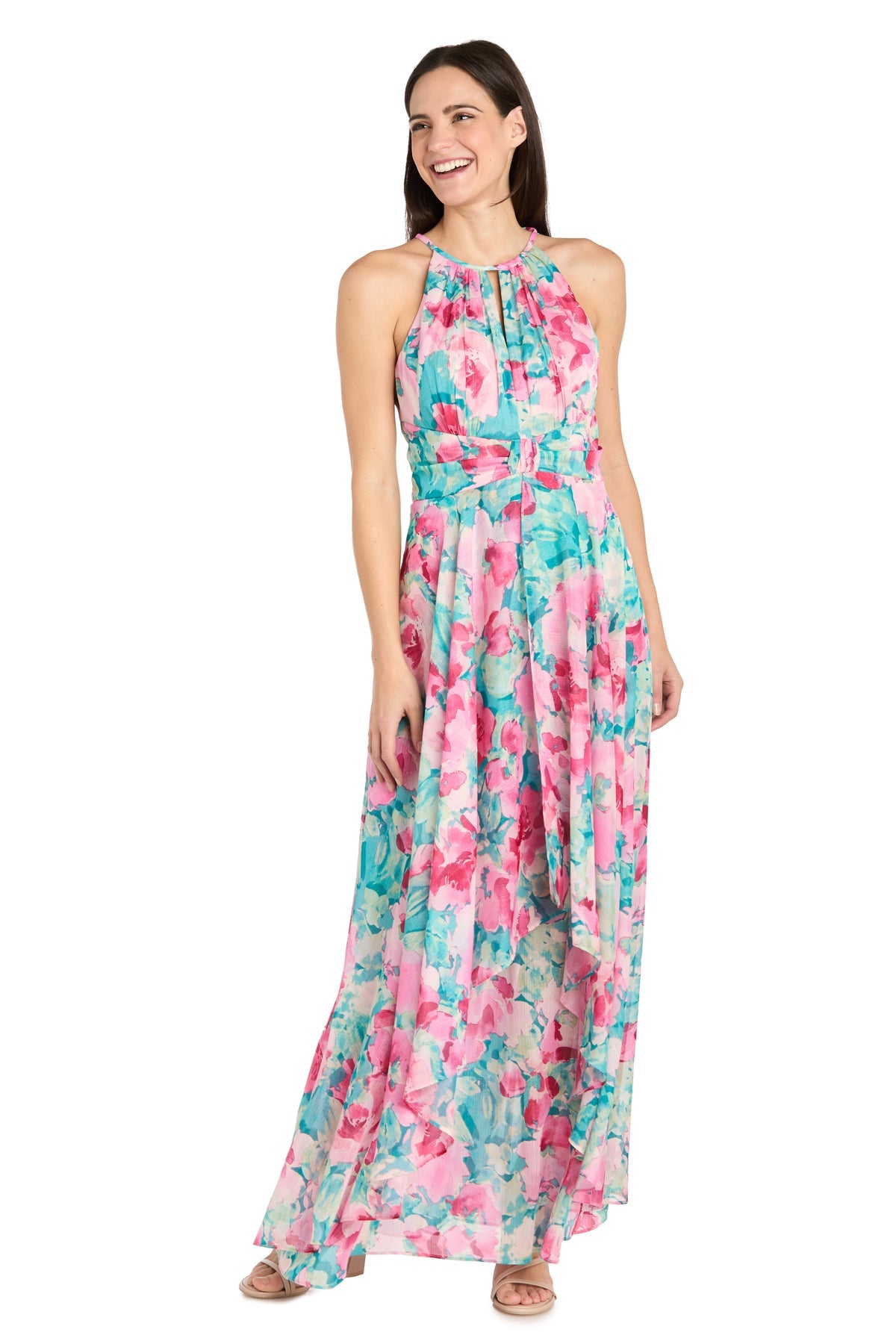 Formal Dresses Formal Long Floral Print Layered Maxi Dress Jade/Pink