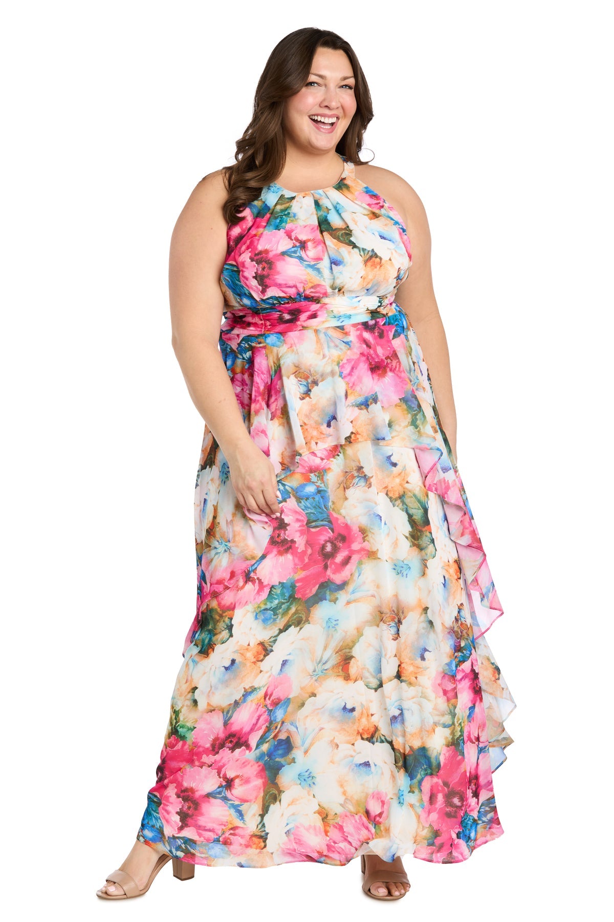 R & M Richards Plus Size Printed Halter-Neck Sleeveless Gown - Fuchsia - Size 16W R & M Richards Plus Size Printed Halter-Neck Sleeveless Gown - Fuchsia - Size 16W