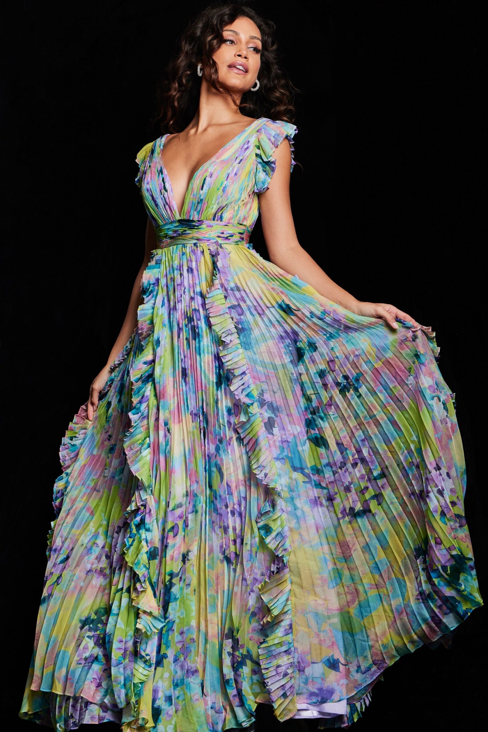 Formal Dresses Pleated A Line Long Formal Floral Ruffle Dress Print