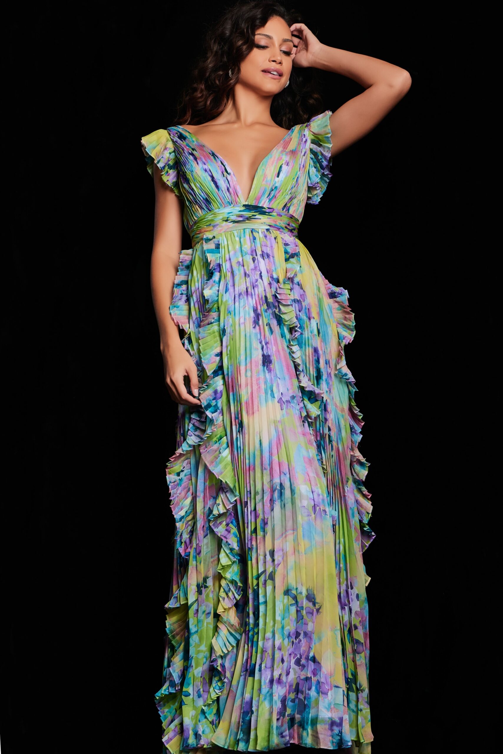 Formal Dresses Pleated A Line Long Formal Floral Ruffle Dress Print