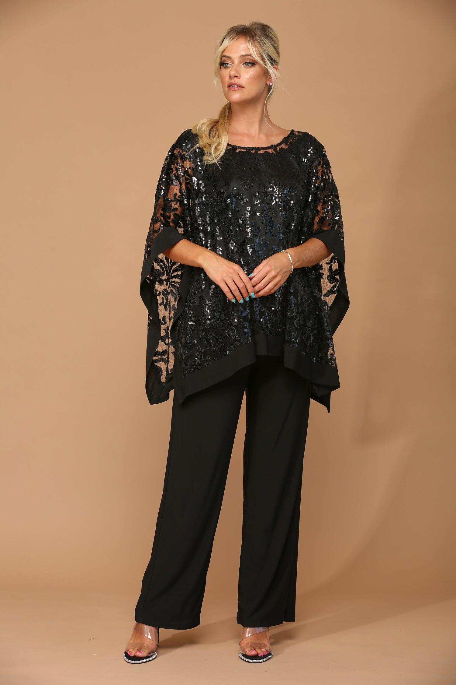 Long Formal Mother of the Bride Cape Pant Set Black
