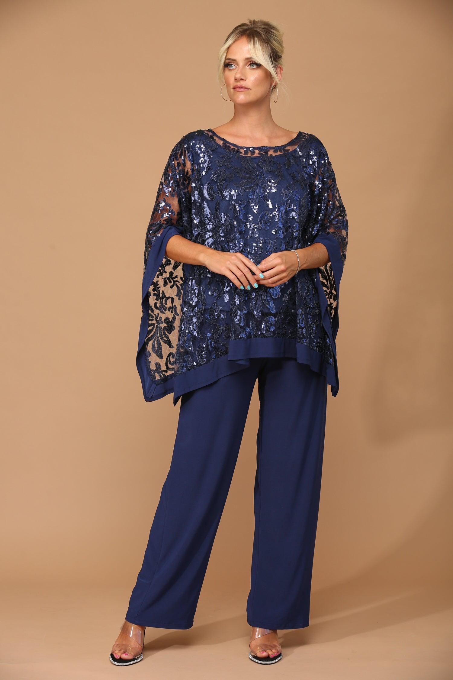 Long Formal Mother of the Bride Cape Pant Set Navy