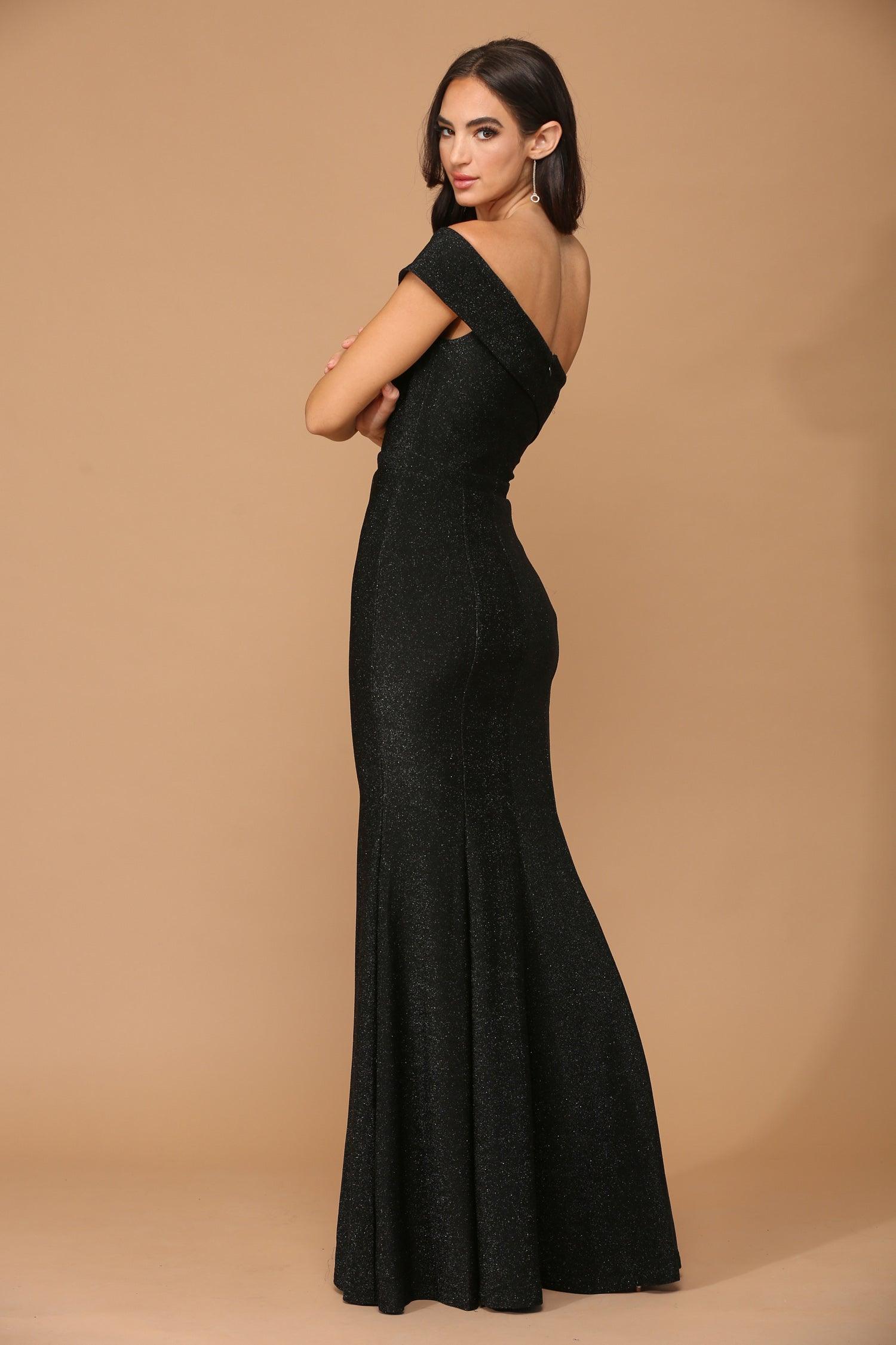 Long One Shoulder Formal Metallic Prom Dress Black