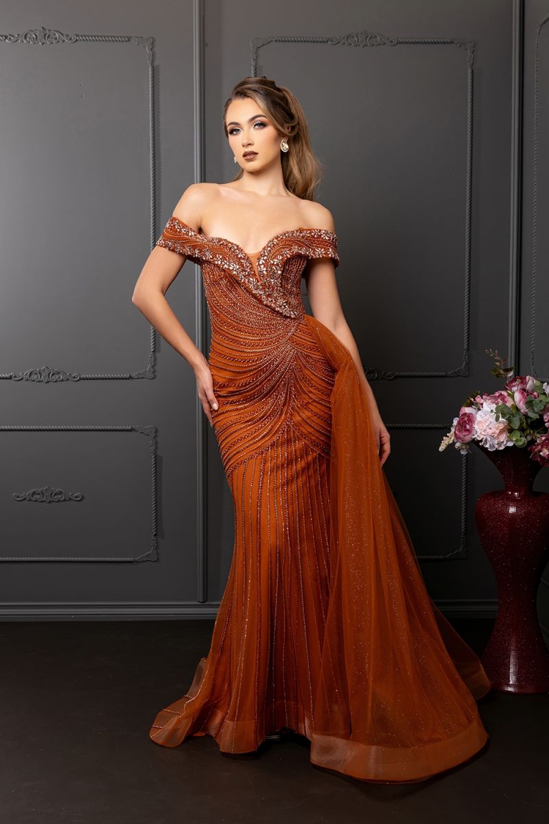 Off-the-Shoulder Floor-Length with Train Tulle Prom Sheath Column May Queen RQ8261