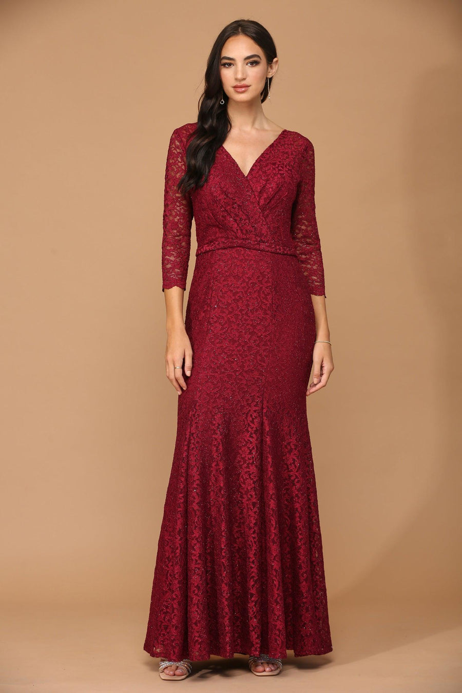 Burgundy L Long 3/4 Sleeve Mother of the Bride Lace Dress Sale