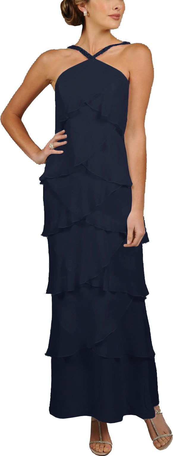 Alexander by Daymor 34512 Beaded Halter Tiered Plus Size Gown with Shawl