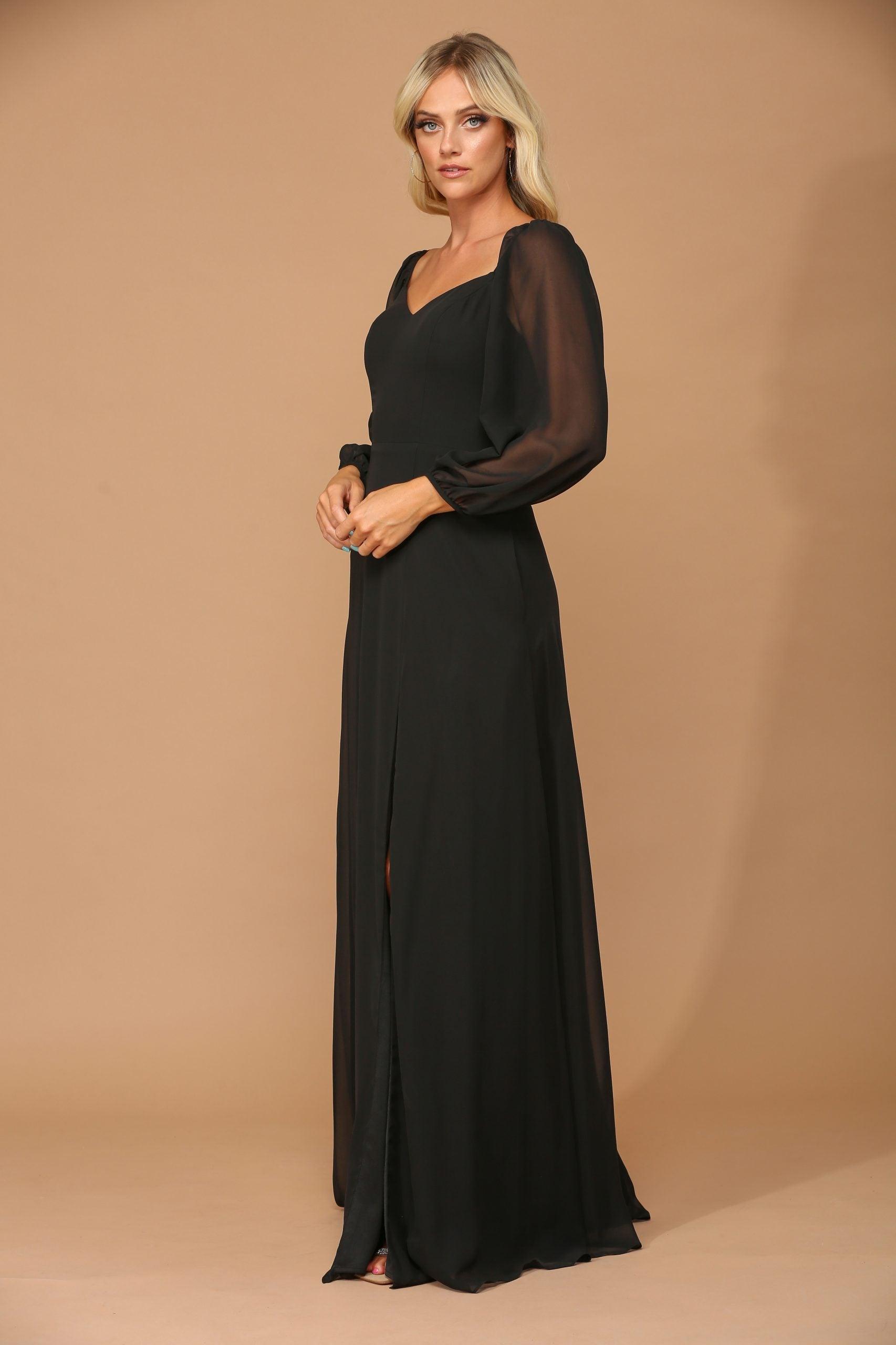 Black L Long Sleeve Chiffon Formal Dress Sale