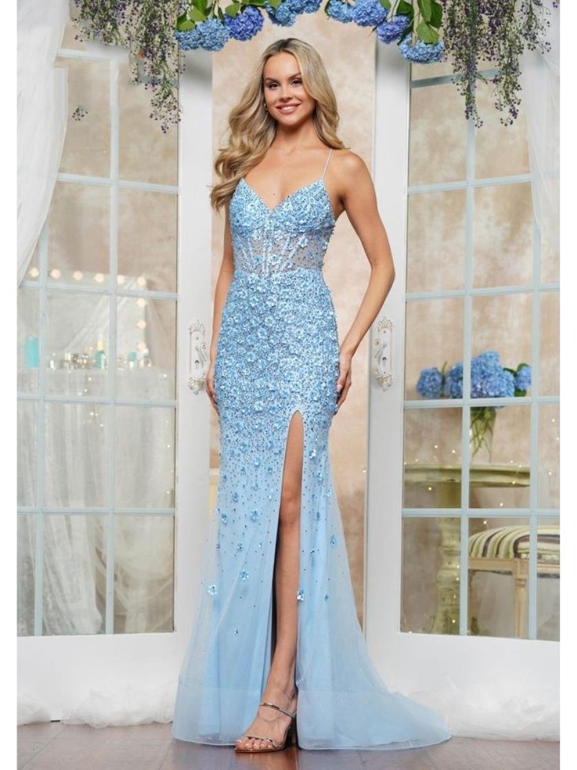 open lace back dress Colors 3453 Floral Formal Long Prom Dress