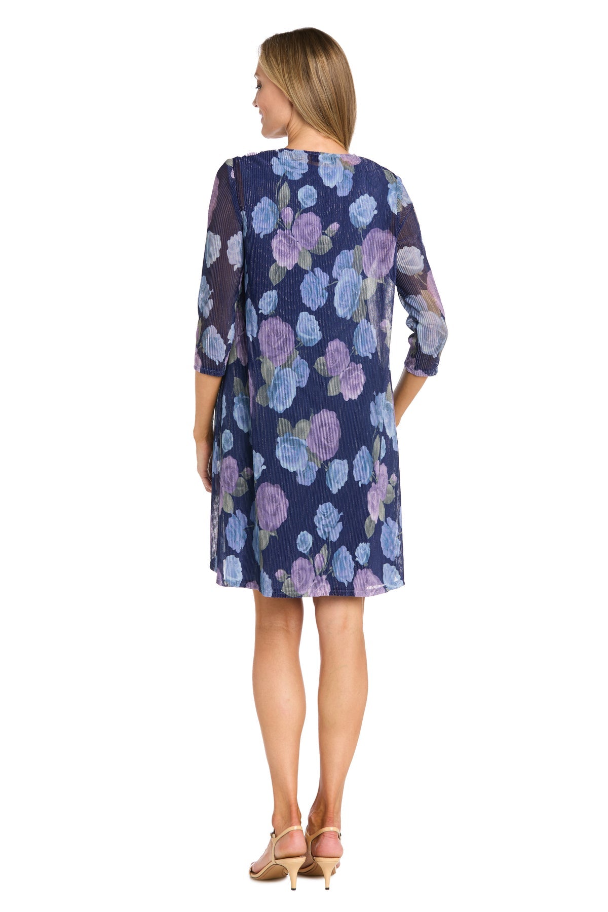 Round Neck Short Chiffon Cocktail Dress by R&M Richards 3457 in Cadet/Pearl
