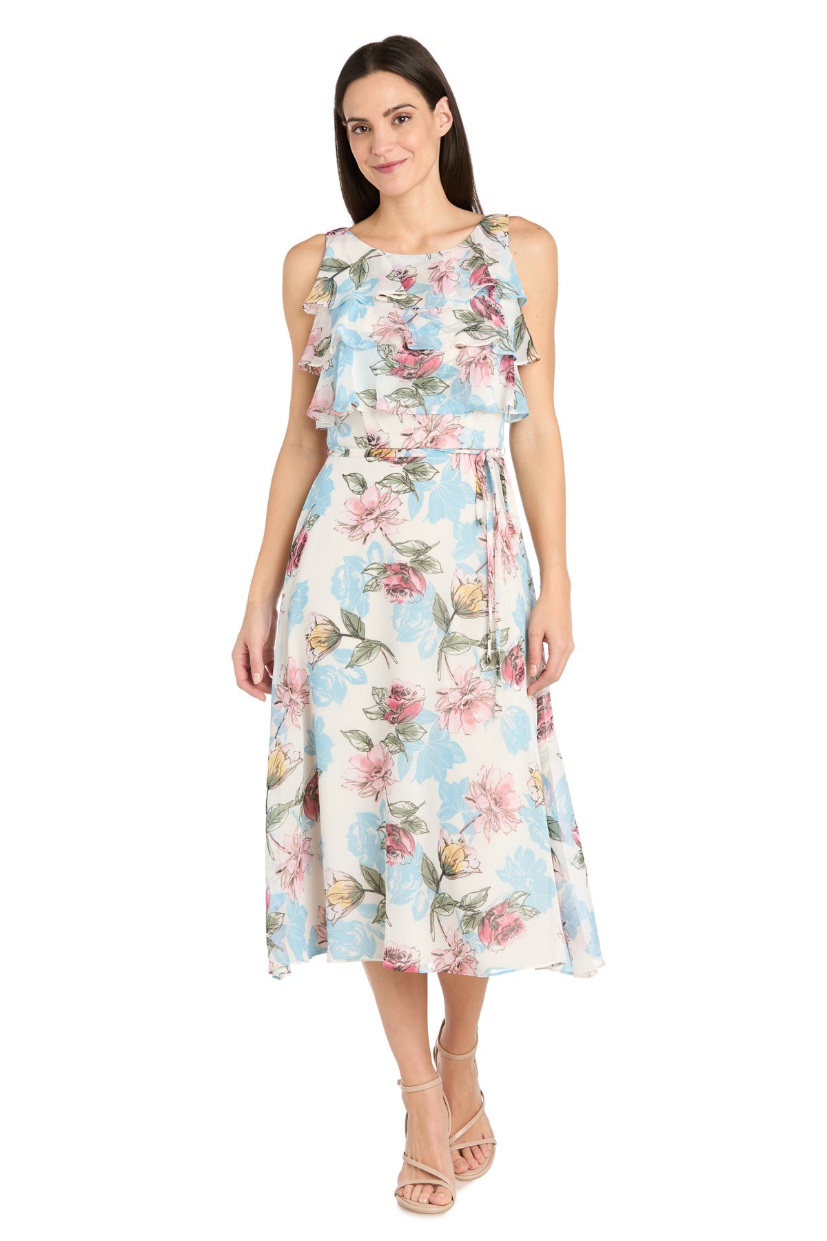 Cocktail Dresses Short Ruffle printed Cocktail Midi Length Dress Ivory/Denim