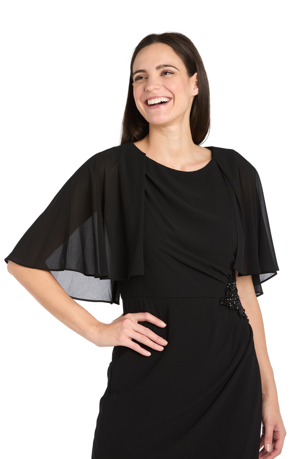 R&M Richards 3474 Short Mother of the Bride Beaded Cape Cocktail Dress