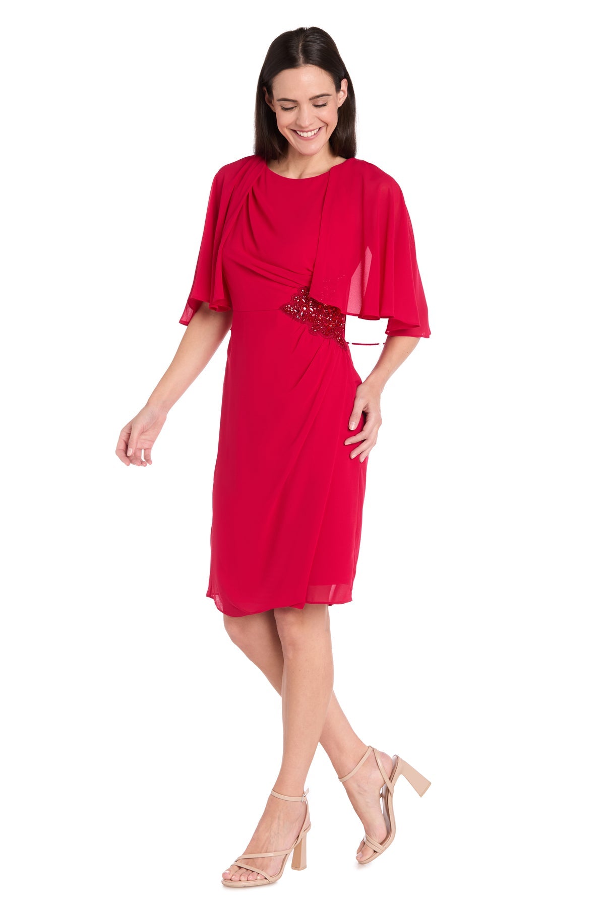 R&M Richards 3474 Short Mother of the Bride Beaded Cape Cocktail Dress
