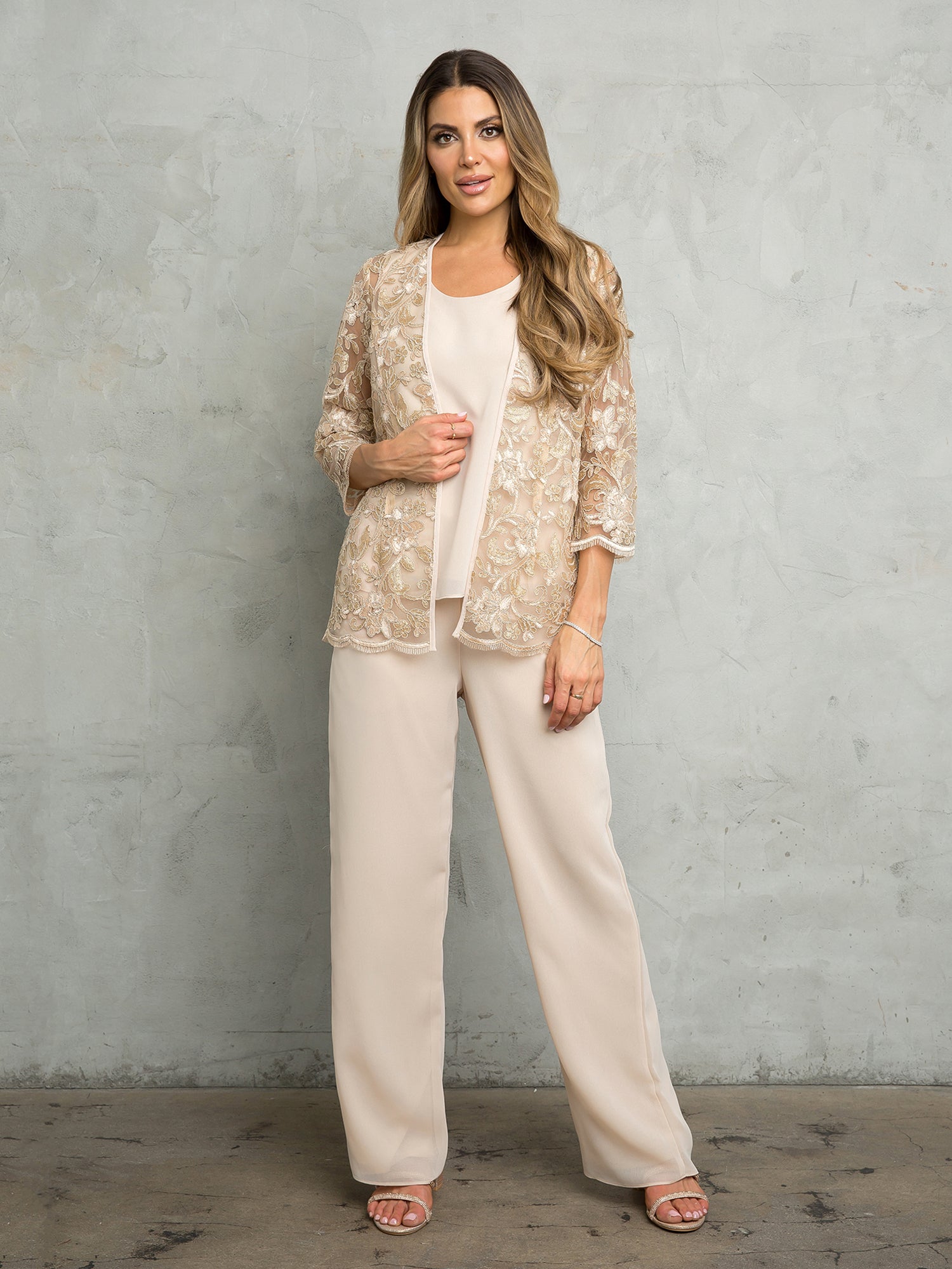 Champagne Eva Fashion 3483 Long Formal Floral Jacket Pant Suit - Mother ...