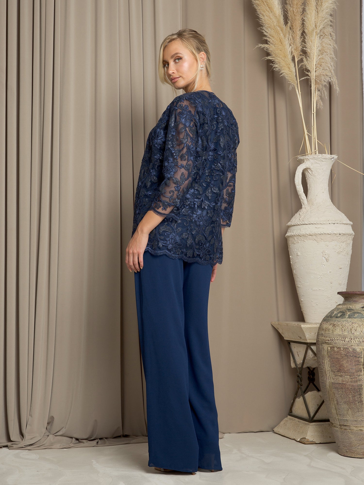 Pant Suit Long Lace Floral Pant Suit Navy