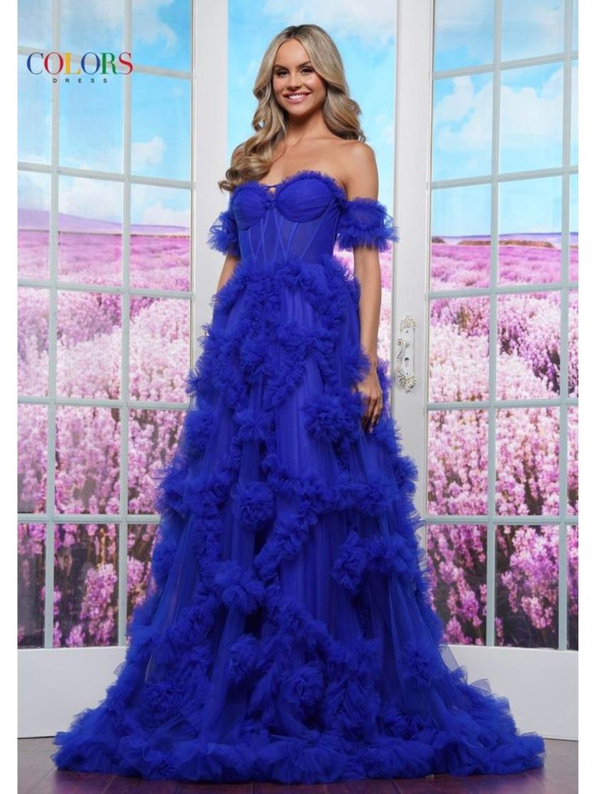 Colors 3488 Long Ruffle Formal Ball Gown Prom Dress