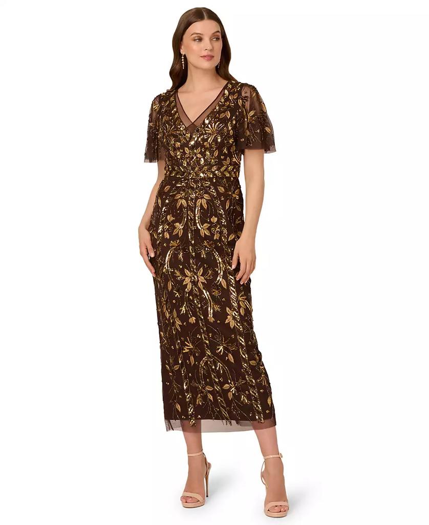 papell boutique evening beaded dress Adrianna Floral Godet Gown One Shoulder 2000s Adrianna Papell Boutique Silk