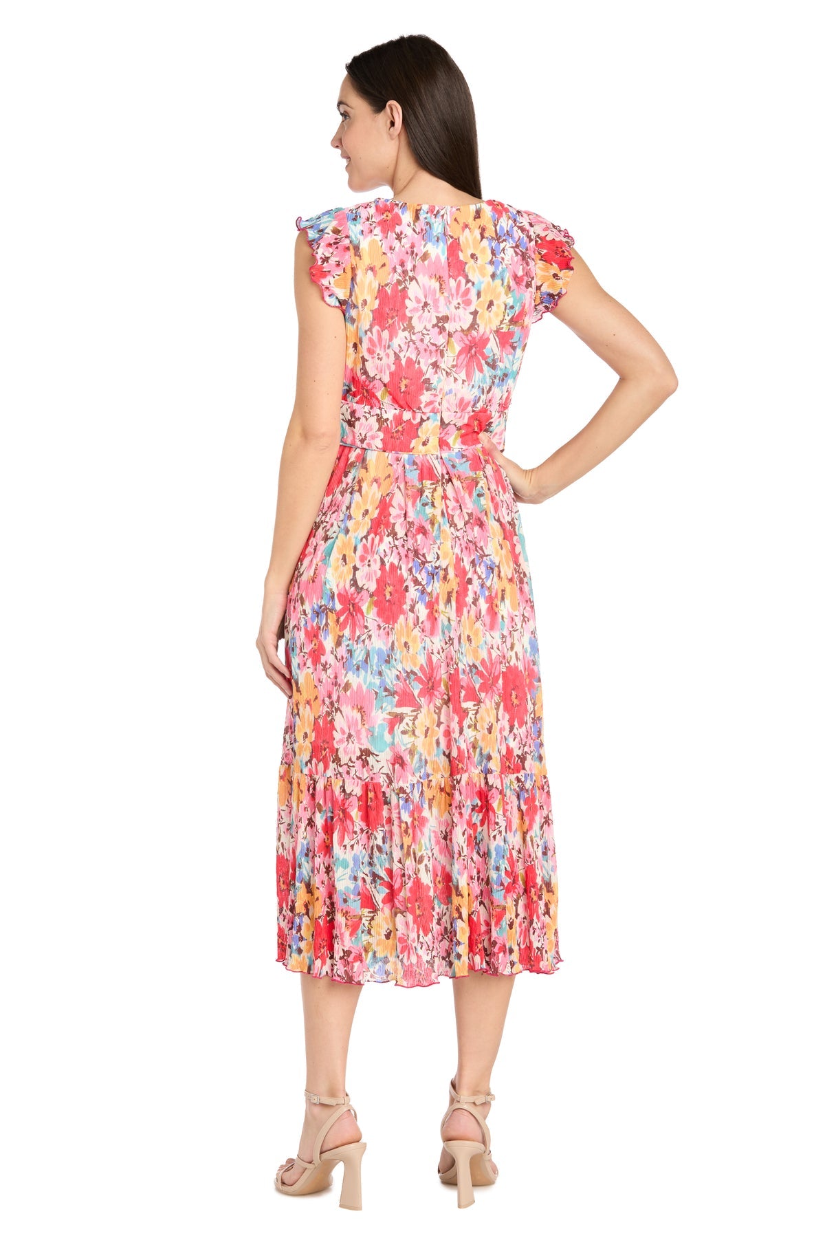 Formal Dresses Floral Print Petite Ruffle Midi Dress Coral/Multi