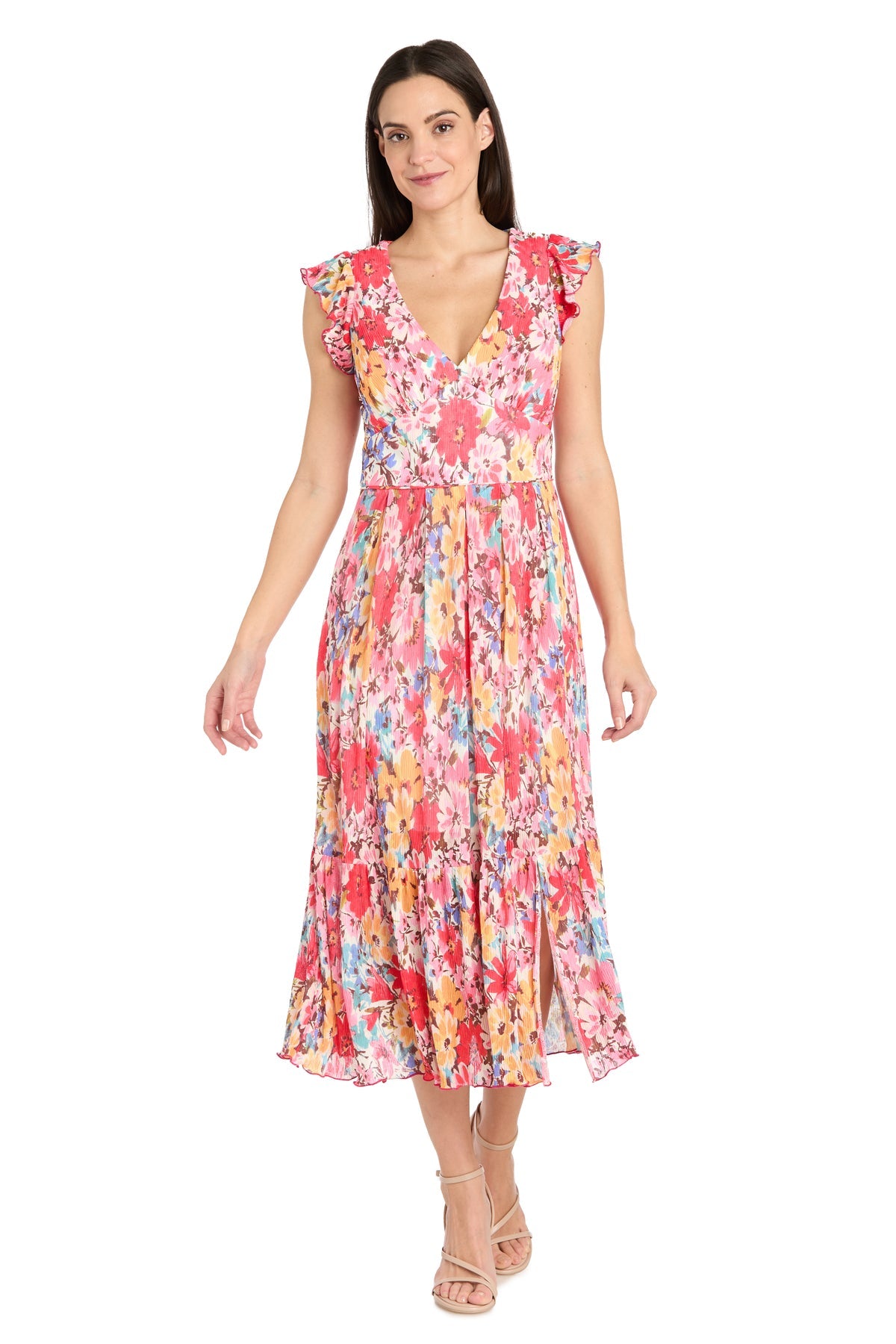 Cocktail  Dresses Floral Print Ruffle Midi Cocktail Dress Coral/Multi