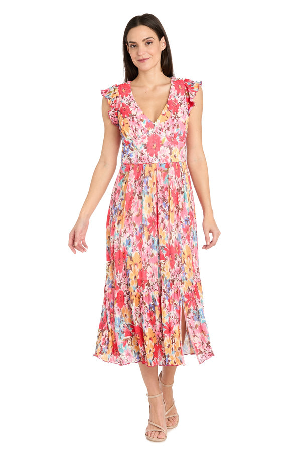 Floral Print Ruffle Dress Midi Cocktail R&M Richards 3492