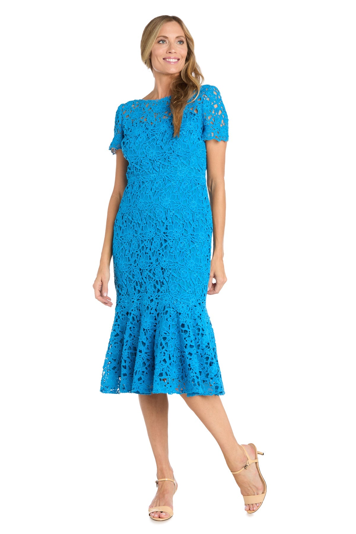 Short Fitted Dress Lace Midi Length Cocktail R&M Richards 3498 - Turquoise / 8 Short Fitted Dress Lace Midi Length Cocktail R&M Richards 3498 - Turquoise / 8