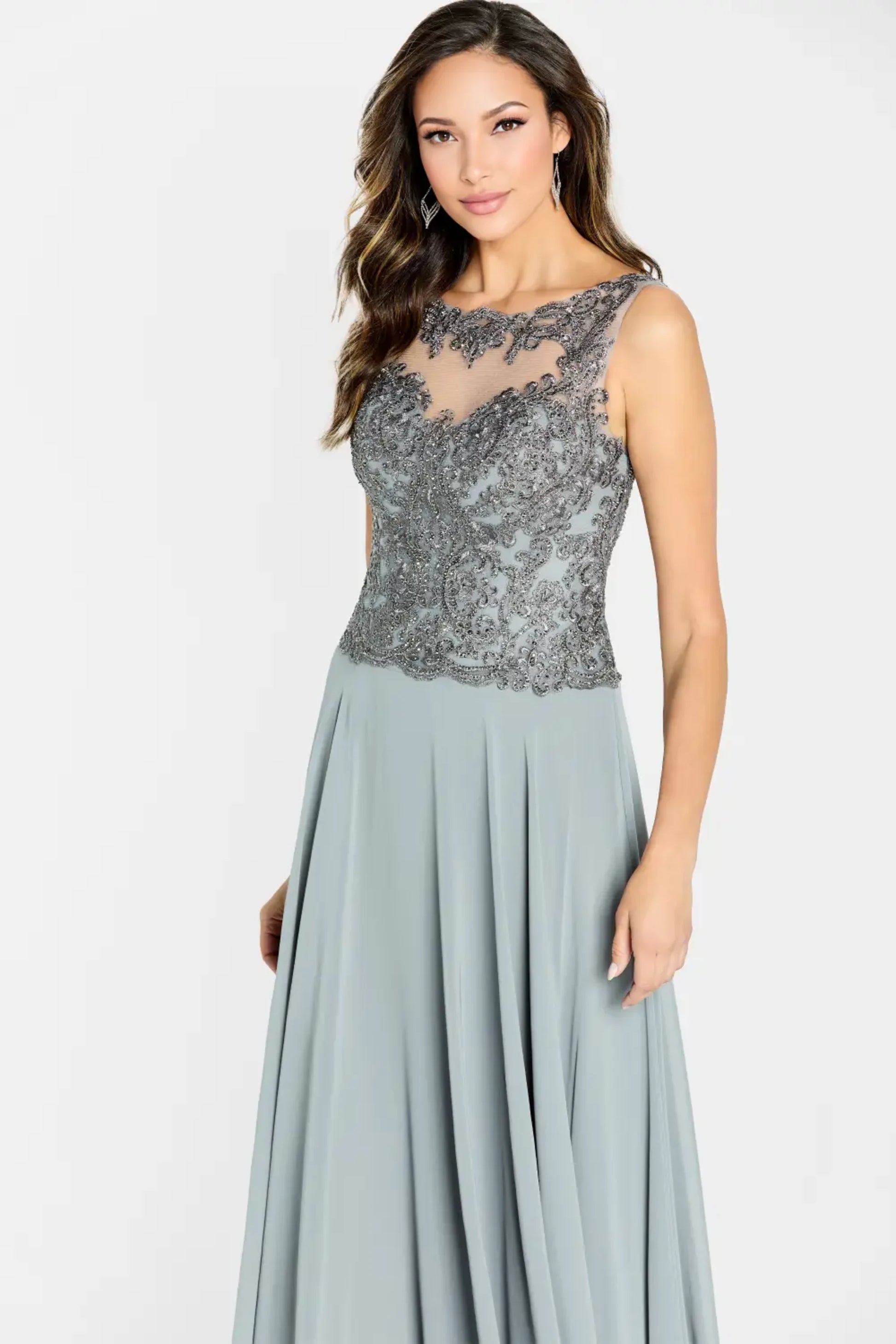 Cameron Blake CB138 A Line Long Metallic Lace Formal Evening Dress