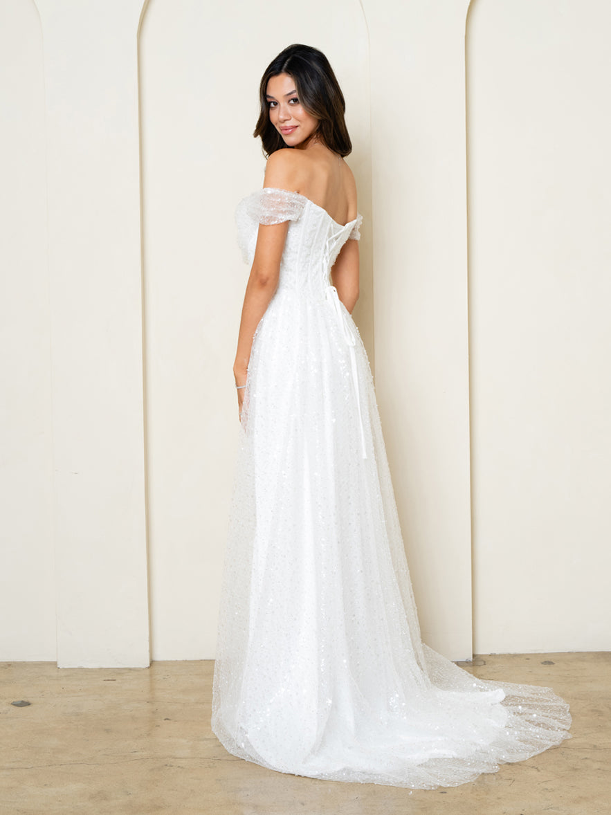 Eva Fashion 3502 Long Simple Beaded Lace Wedding Dress