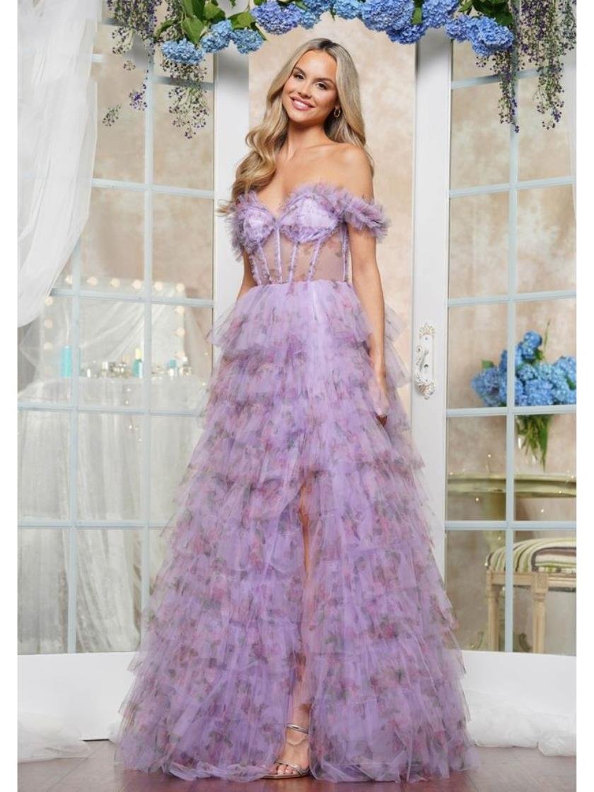 Prom Dresses Long Floral Print Ball Gown Formal Prom Dress Lavender