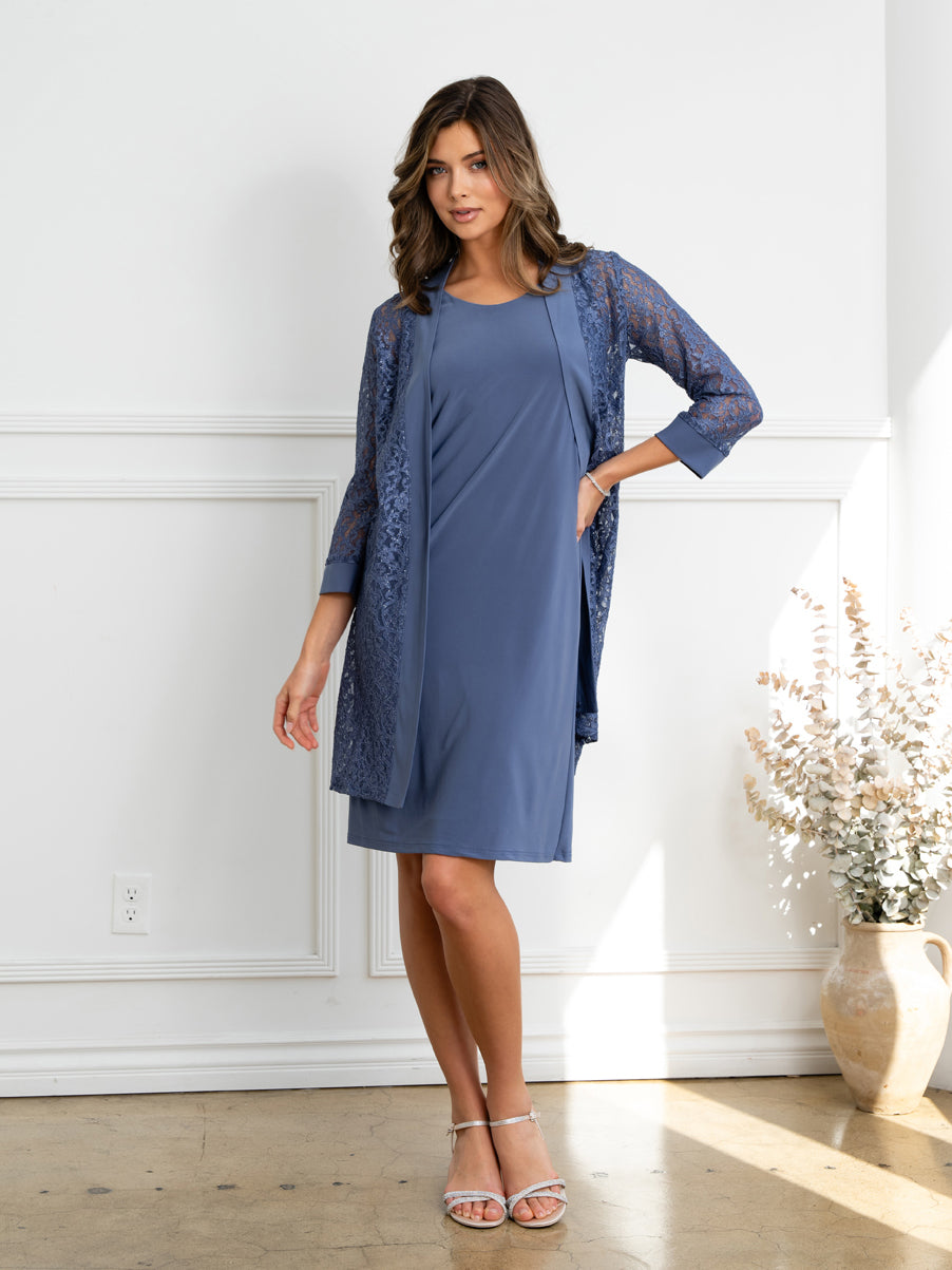navy blue dress with jacket Ruched Mother of The Bride tie event Shop Blue Alex Evenings Online