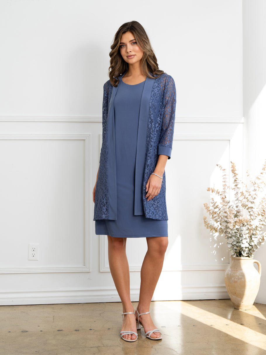 Cocktail Dresses Two Piece Short Mother of the Bride Jacket Dress Slate Blue