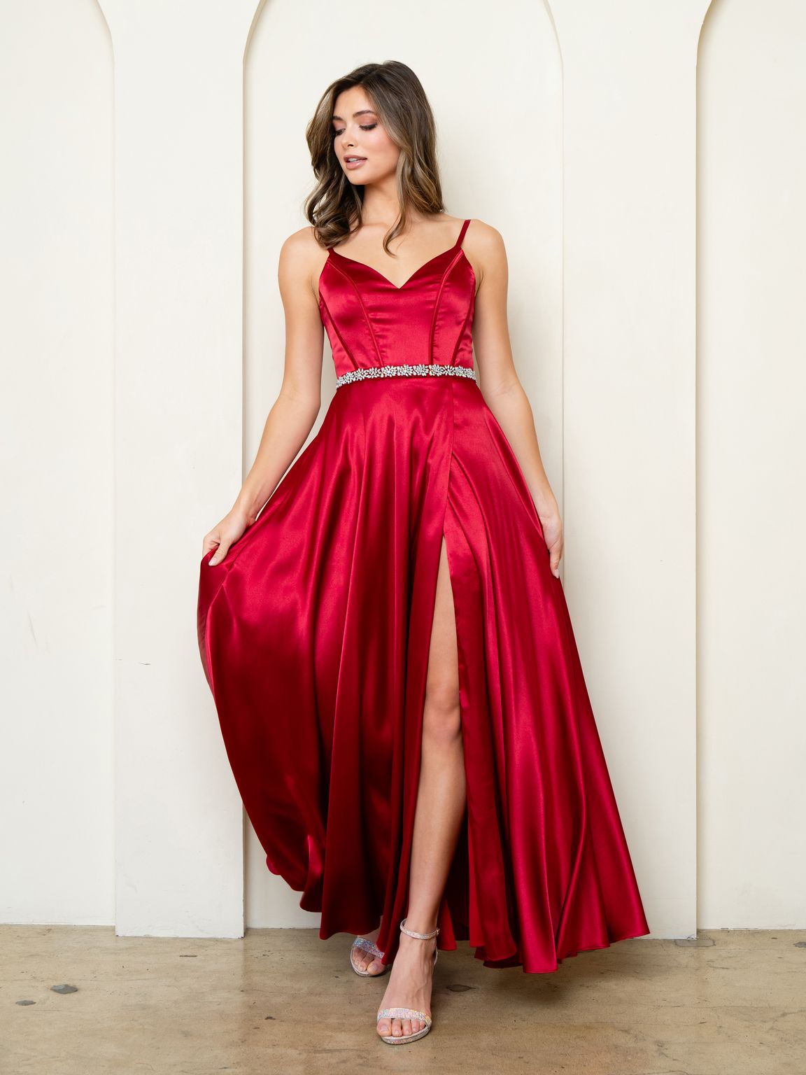 Eva Fashion 3506 A Line Long Formal Slit Pocket Prom Dress - Champagne / 2XL Eva Fashion 3506 A Line Long Formal Slit Pocket Prom Dress - Champagne / 2XL