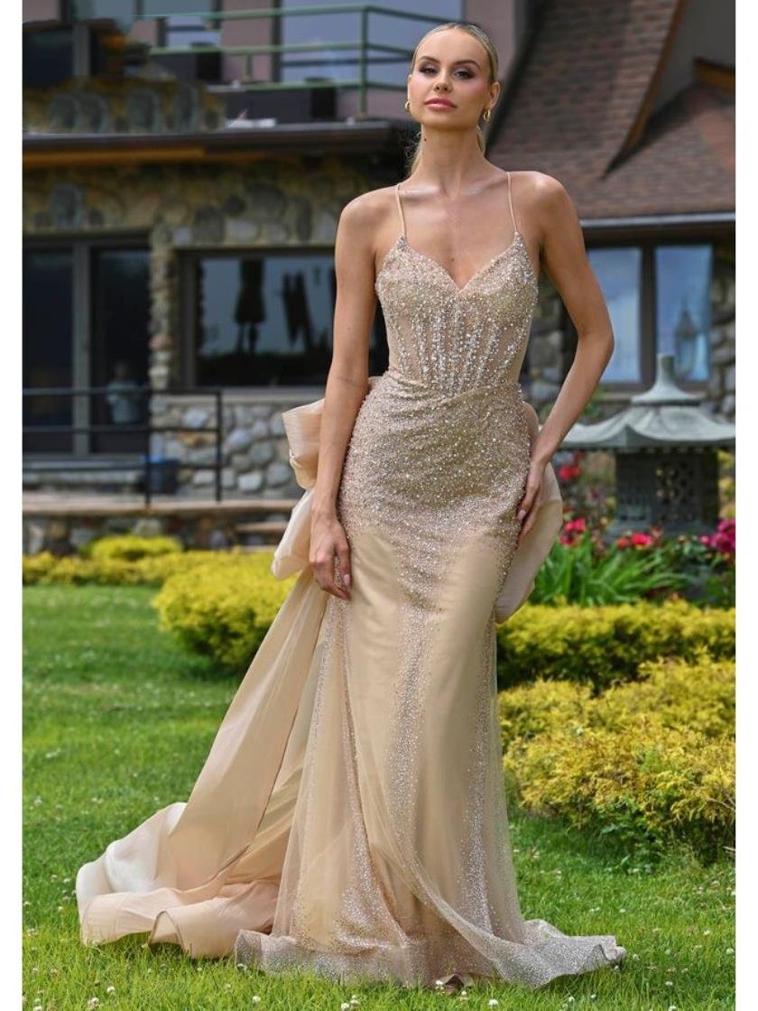 Prom Dresses Long Fully Beaded Fitted Flare Formal Prom Dress Nude