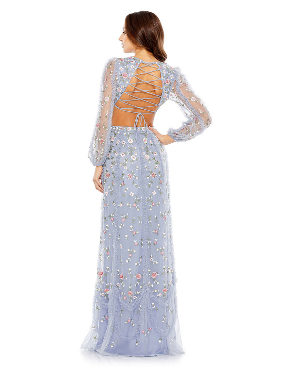 Prom Dresses Long Sleeve Floral Cut Out Formal Prom Dress Periwinkle