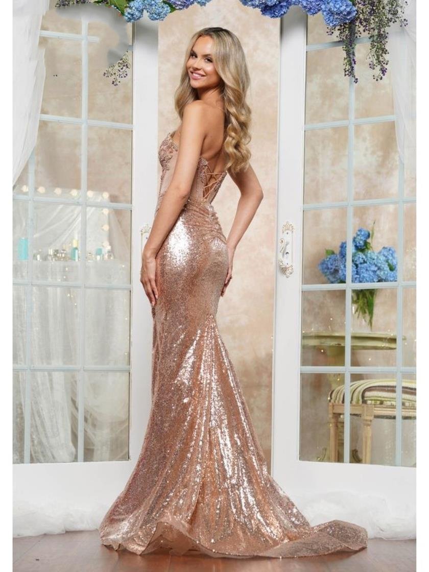 Prom Dresses Formal Long Slit Beaded Prom Dress Rose Gold