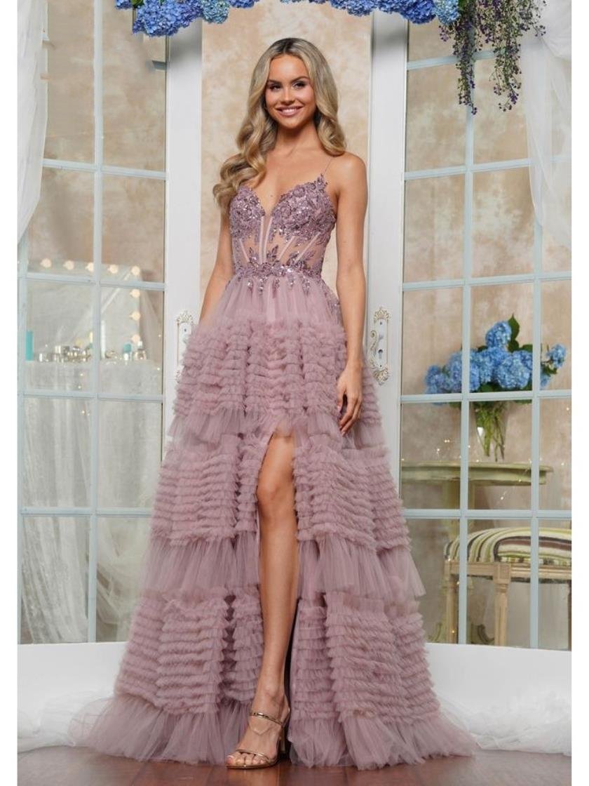 Prom Dresses Formal Ruffle Ball Gown Long Prom Dress Mauve