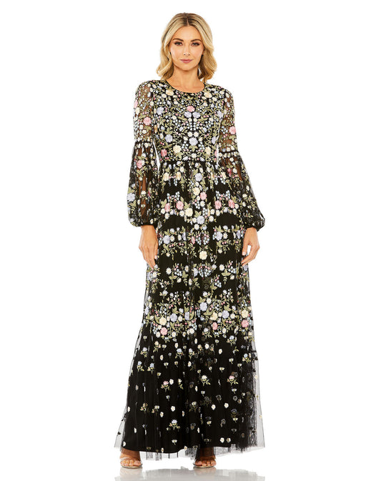 Formal Dresses Long Sleeve Floral Prom Formal Dress Black