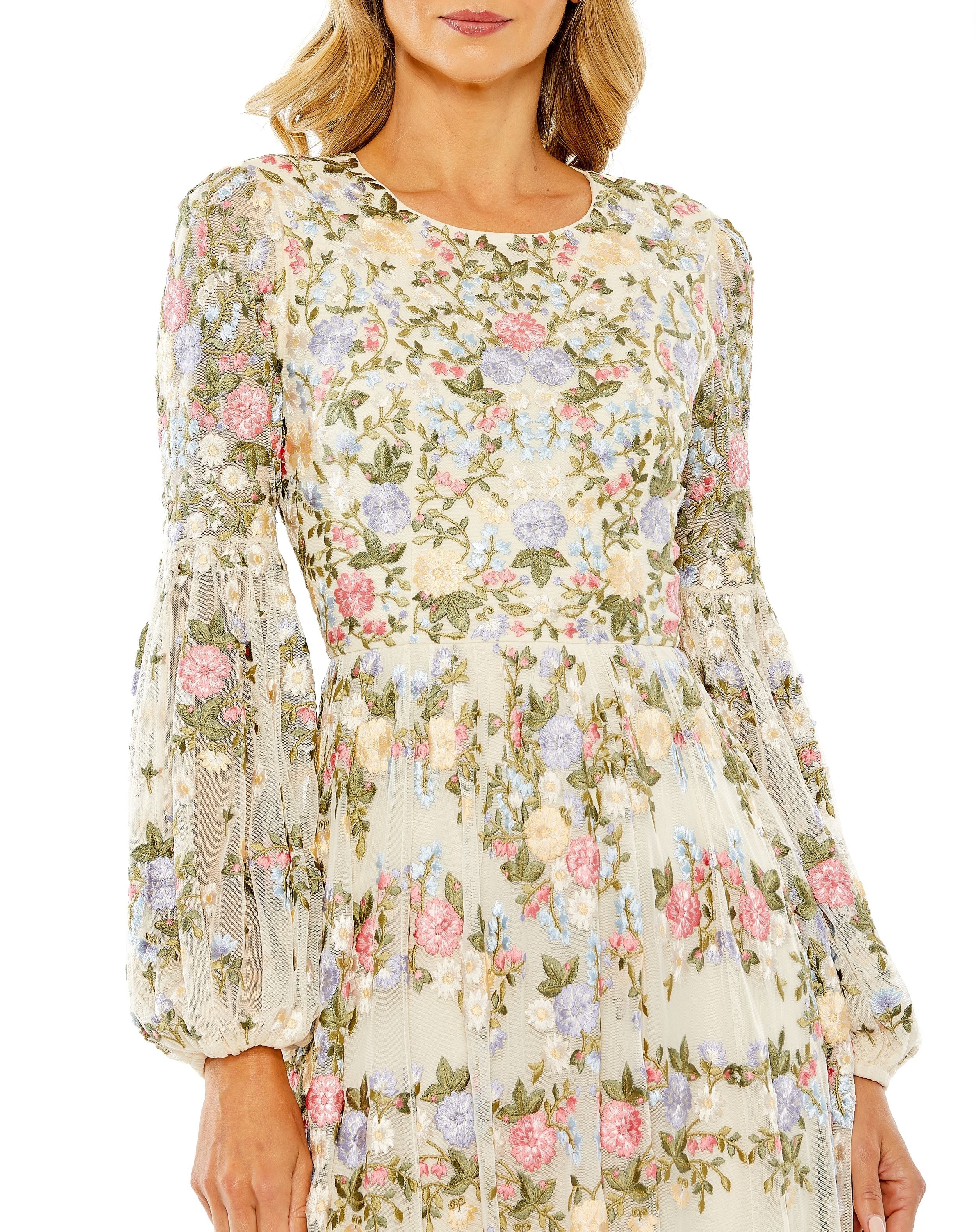 Formal Dresses Long Sleeve Floral Prom Formal Dress Ivory