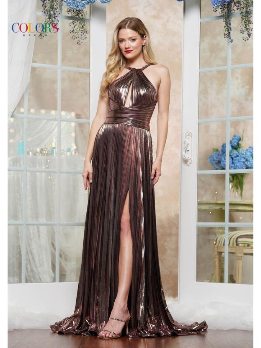 Colors 3519 Metallic Formal Long Pleated Prom Dress
