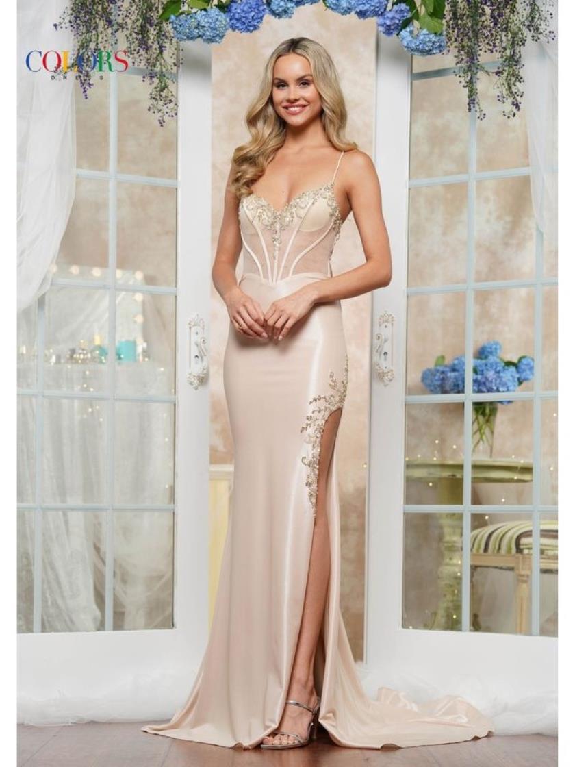 Colors 3524 Fitted Formal Metallic Long Prom Dress